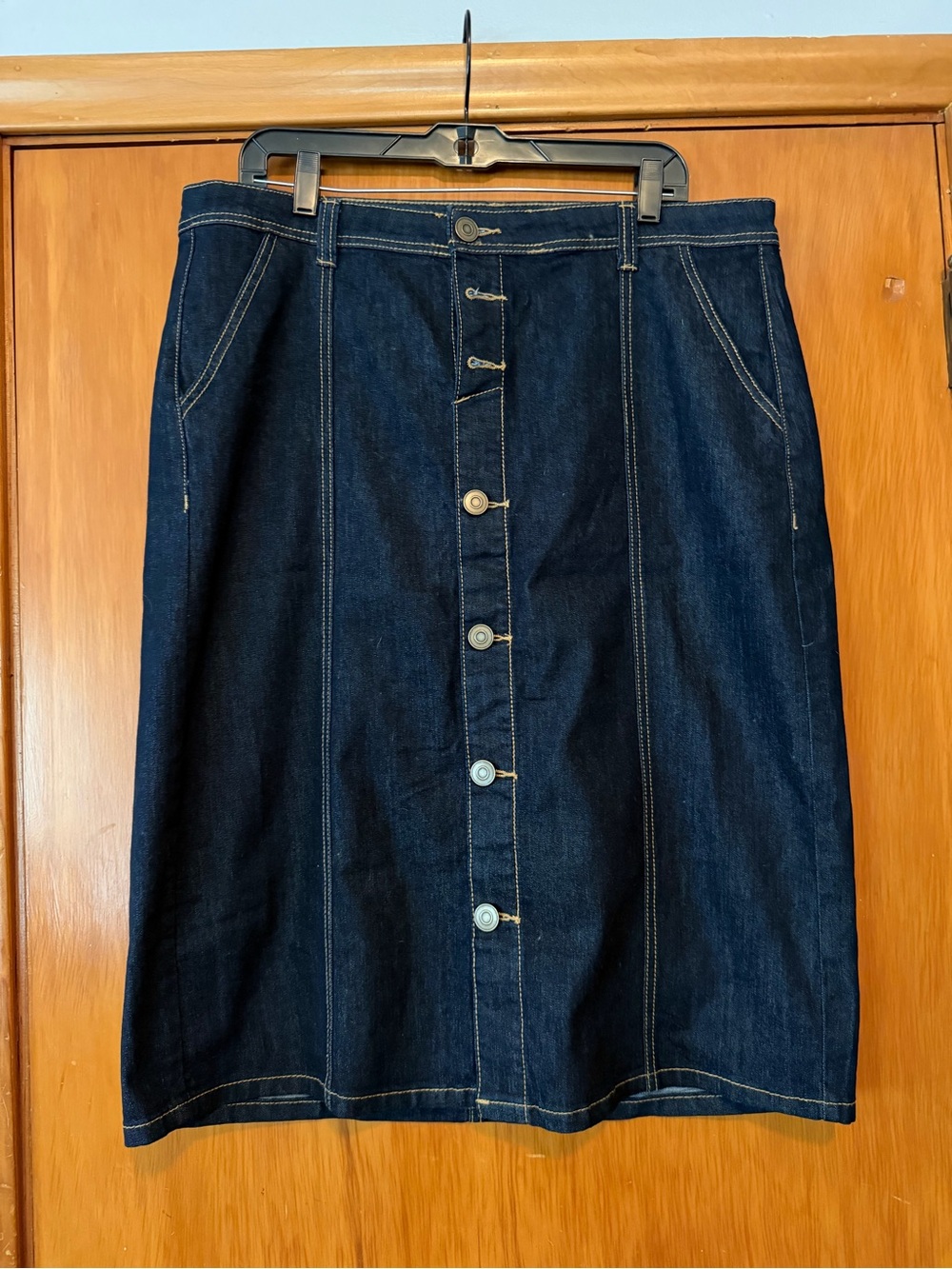 CJ Banks Dark Blue Button-Front Midi Denim Skirt